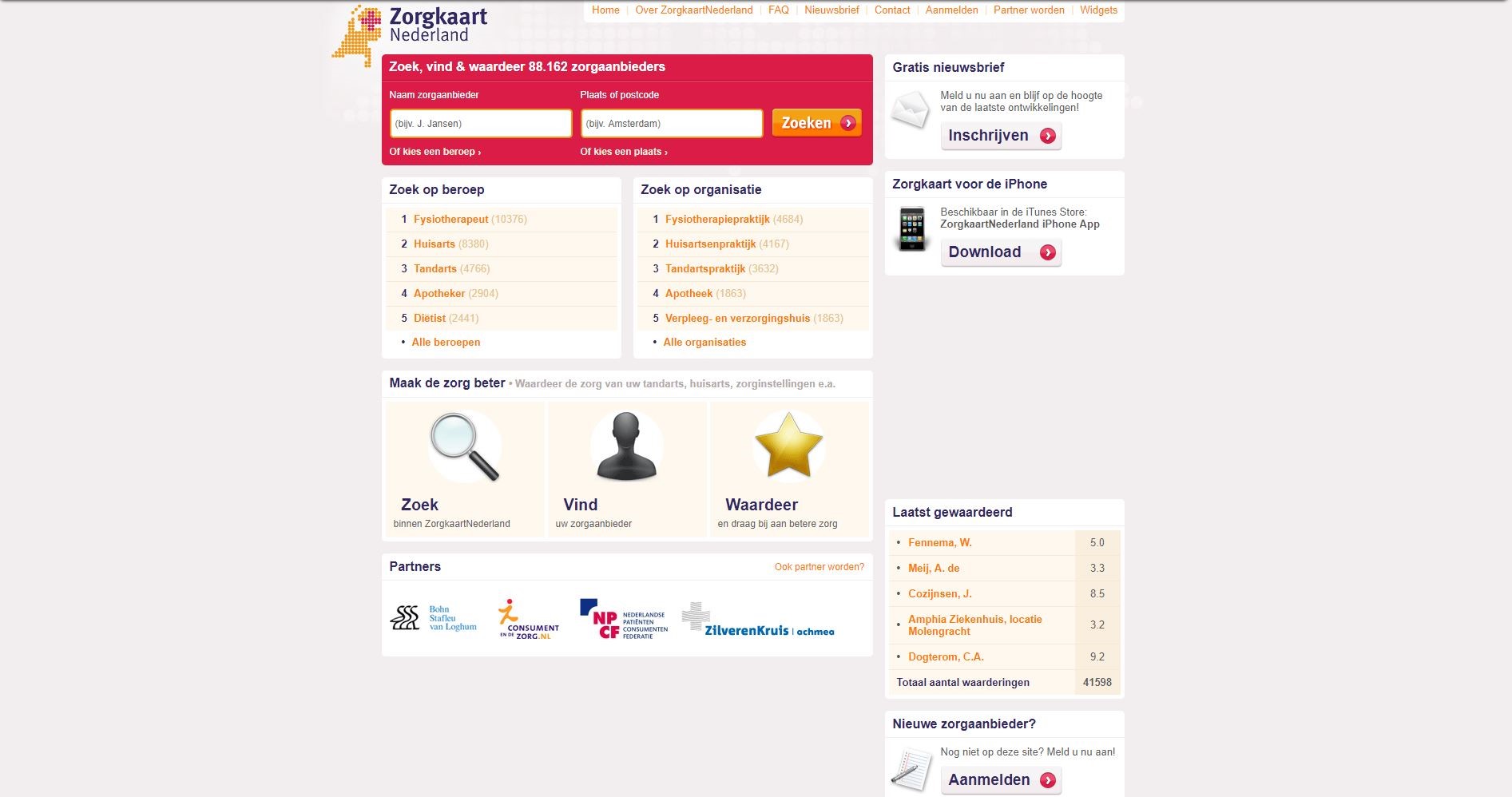 homepage van ZorgkaartNederland in 2010